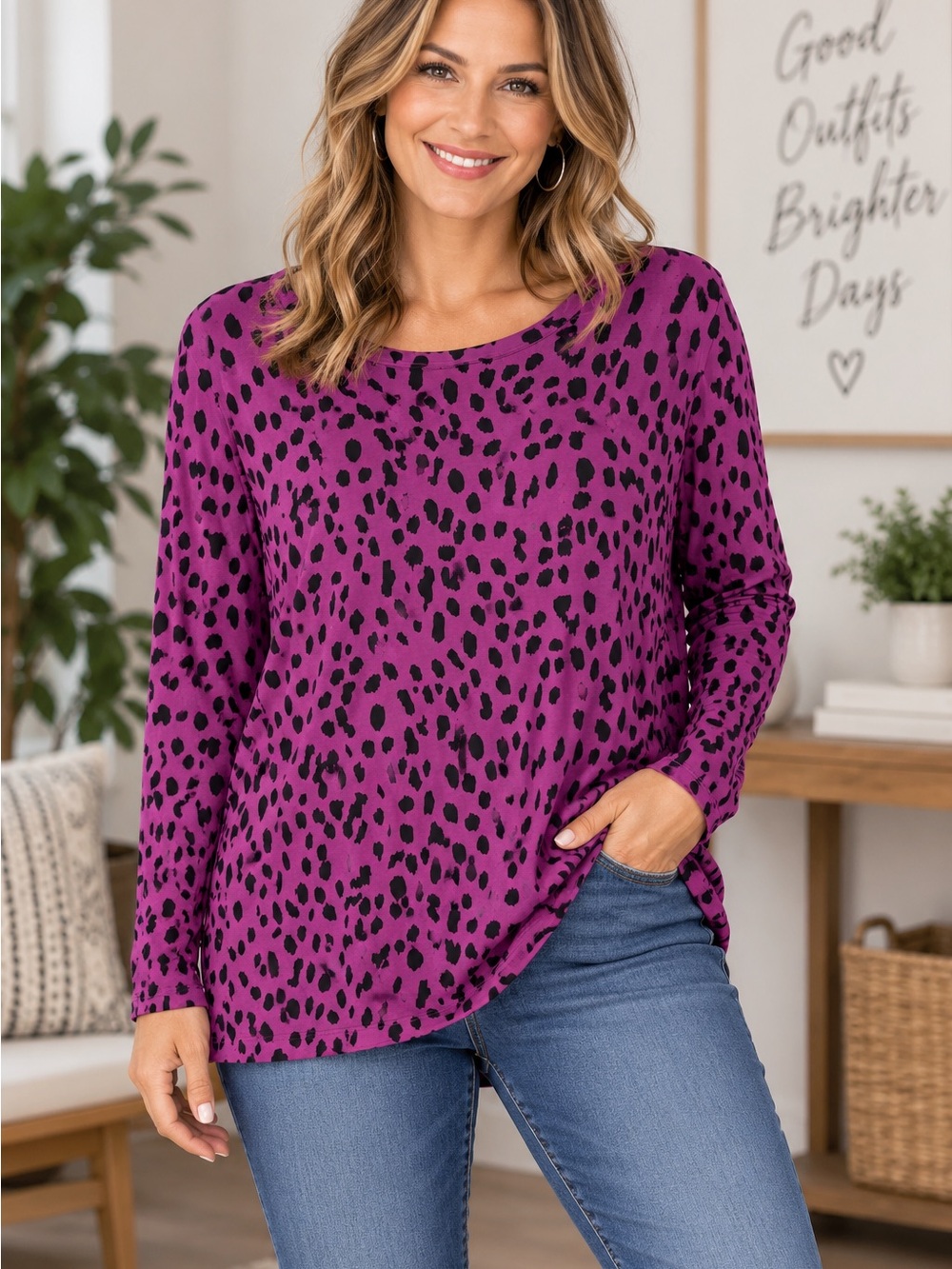 Chico's Purple Long Sleeve Leopard Print Tee